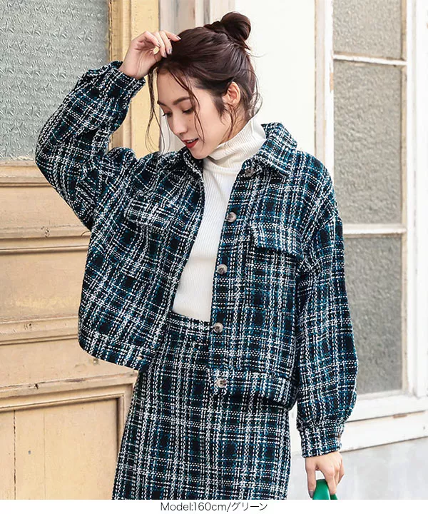 ツイード柄ボリュームスリーブショートジャケット [K1066