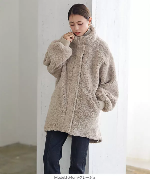 スタンドカラーショートコートgray,ecru | ok.soon