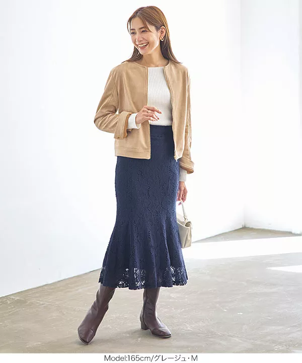 ストレッチスウェードノーカラーブルゾン [K1183] - レディース