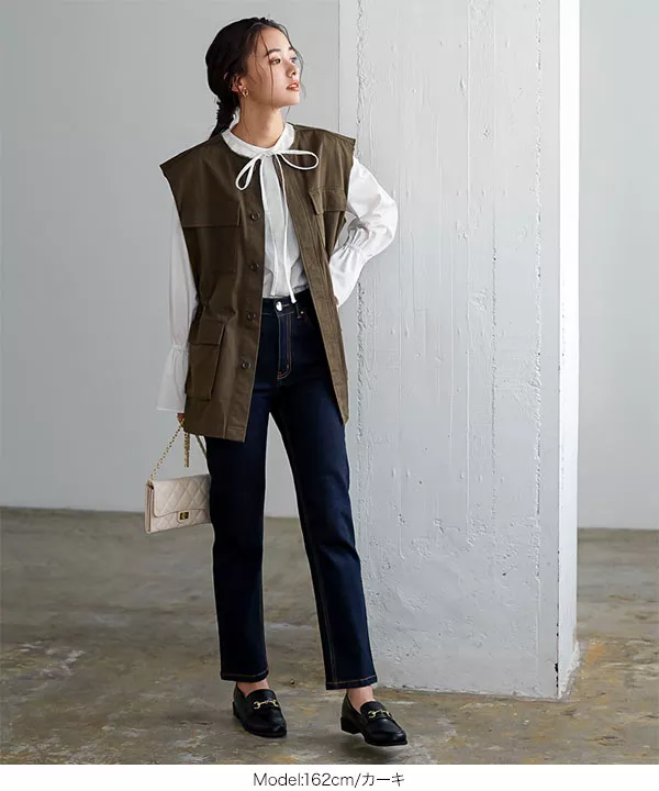 ノーカラーミリタリーチノベスト [K1215] - レディースファッション