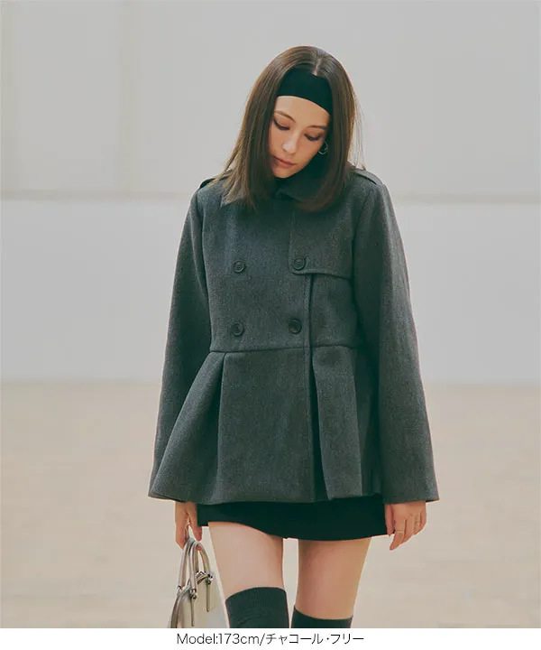 プリーツ切替ペプラムダブルボタンコート [K1327] - レディース