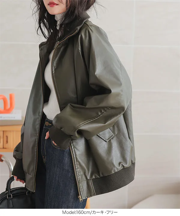 ハイネックフェイクレザーブルゾン [K1343] - レディースファッション