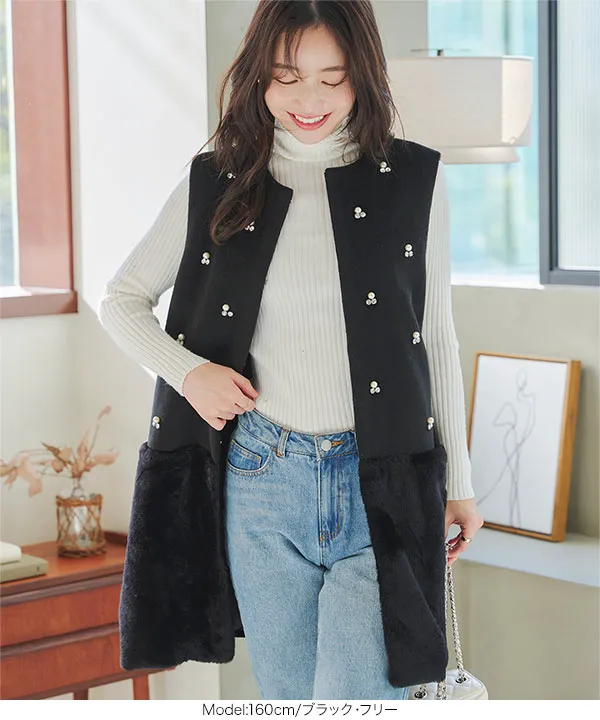 ビジューファー切替ペプラムベスト [K1357] - レディースファッション