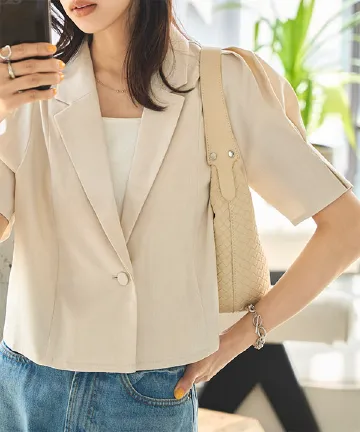 麻タッチパワショルクロップドジャケット [K1379]