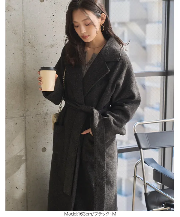 ブラウンラップコート ウエストリボン付き フェイクダウン ロングコート ウエストリボン ＆ ロゴチャーム le reve