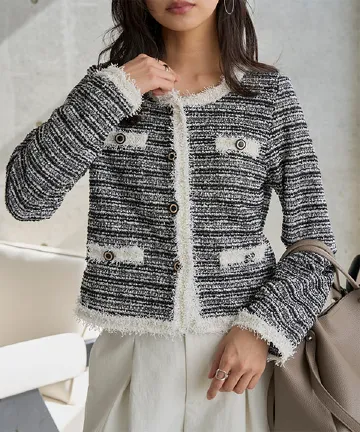 丸首ストレッチツイードジャケット [K1436]| 特別価格&送料無料 2/24(火)12:00~2/25(水)12:00まで