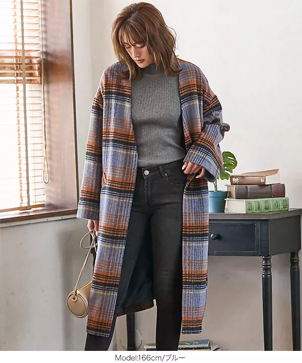 チェック柄ノーカラーコート [K834] - レディースファッション通販