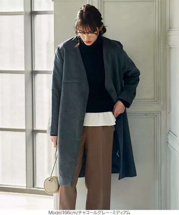 ロング/ミディアム ]Vネックノーカラーコート [ K841 ] - レディース