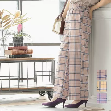 サイドベルトハイウエストチェックパンツ [M2545]
