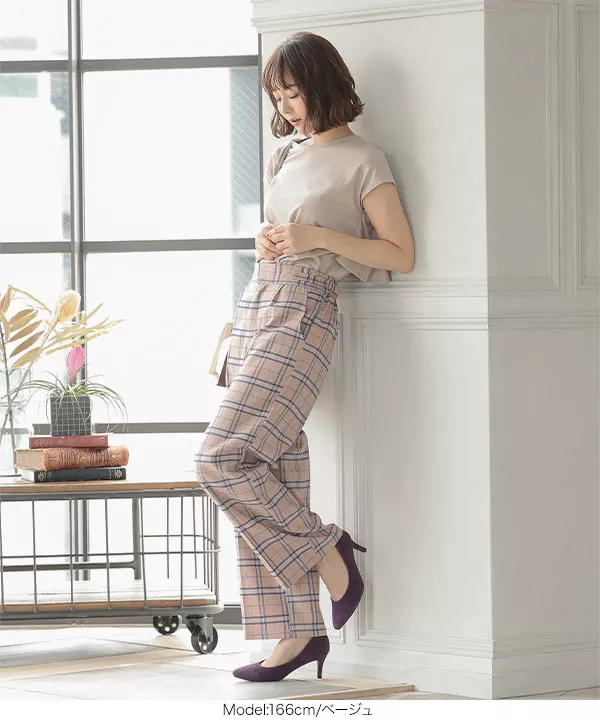 サイドベルトハイウエストチェックパンツ [M2545] - レディース
