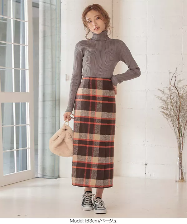 起毛チェック柄ロングスカート [M2683]