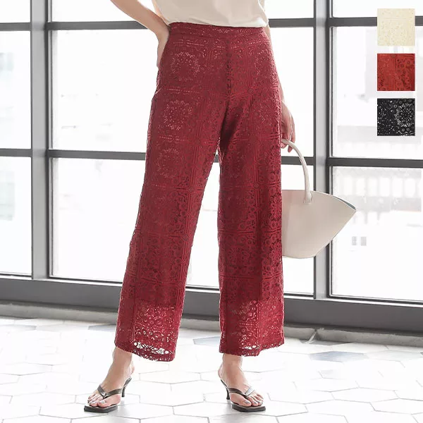 レース素材 レッドフレアパンツ クラシカルレースフレアパンツ [M2951] - レディースファッション通販