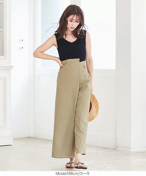 リネンタッチアシメウエストラップパンツ [M2962] - レディース