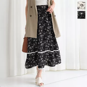裾パイピングハイウエスト花柄スカート [M3584]