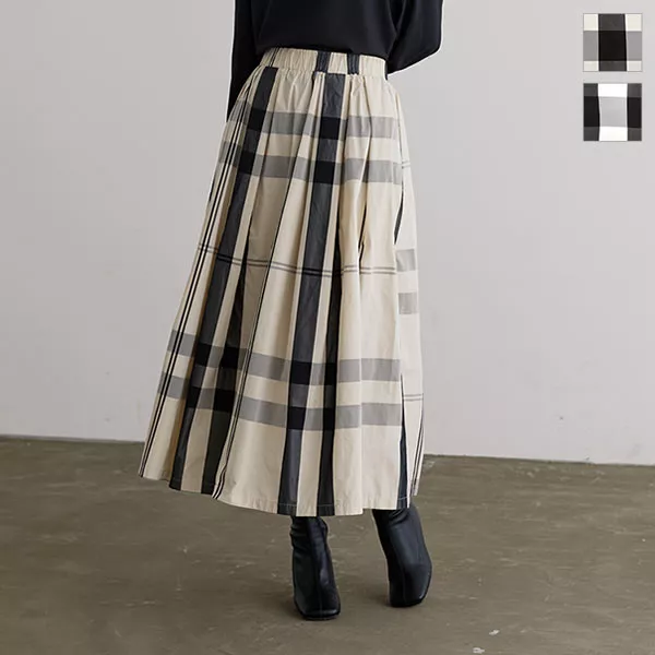 【美品】ANAYI チェックタックスカート 36 232168]ina(イナ) 別注 ウールチェックタックスカート ロングスカート