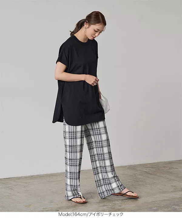 セルフカットチェック柄リブパンツ [M3768] - レディースファッション