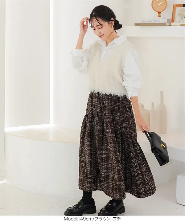 美品 アシードンクラウド ゴブラン生地/ツイード エプロンスカート 日本製 Petitle / プチレ ] ツイードティアードスカート [M4144] - レディース