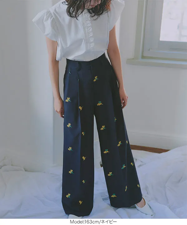 総花柄刺繍ストレートパンツ [M4186] - レディースファッション