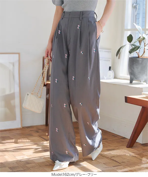 総花柄刺繍ストレートパンツ [M4186] - レディースファッション