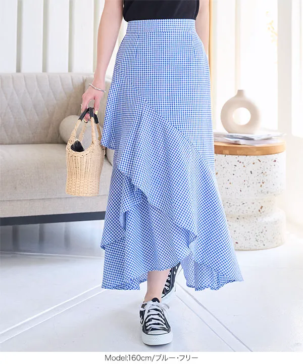 アシンメトリーフリルチェックスカート [M4242] - レディース