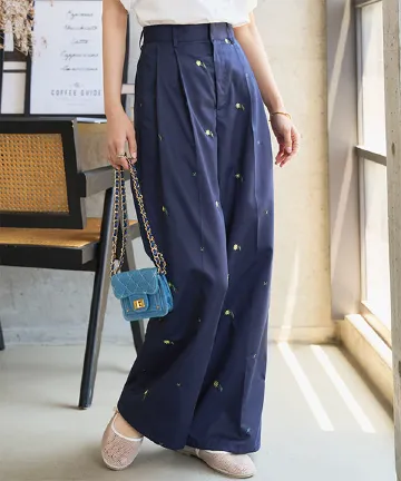 Cider◆花柄刺繍 ワイドレッグ パンツ グリーンカラー 送料込 刺繍ワイドパンツ [M4253] - レディースファッション通販 神戸