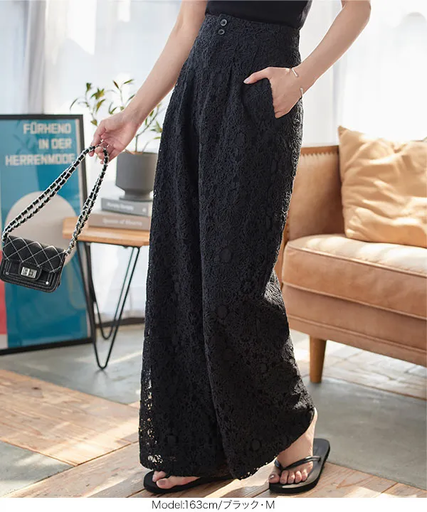 ブラック レース ワイドレッグパンツ FREAK'S STORE パンツ フラワー