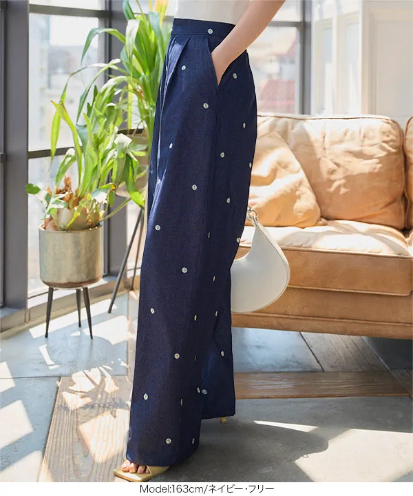 刺繍ワイドデニムパンツ [M4257] | ボトムス全品送料無料！6/26(金)18