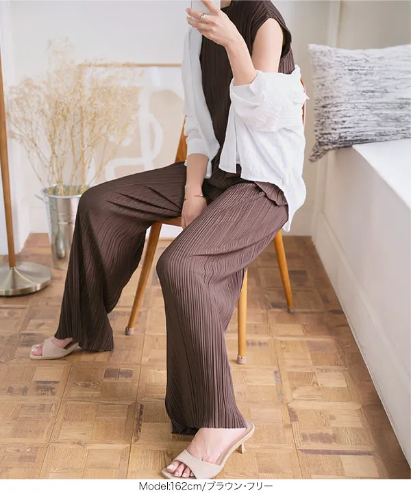 カットオフプリーツワイドパンツ [M4261] - レディースファッション