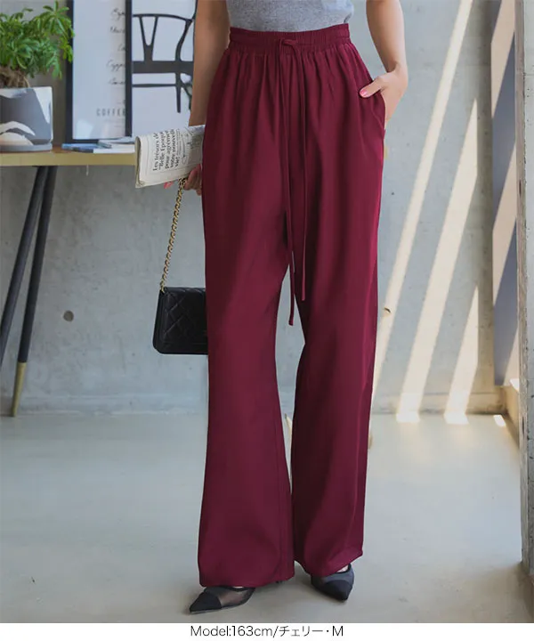 レディース リブパンツ ウエストリボンリラックスワイドパンツ [M4264] - レディース