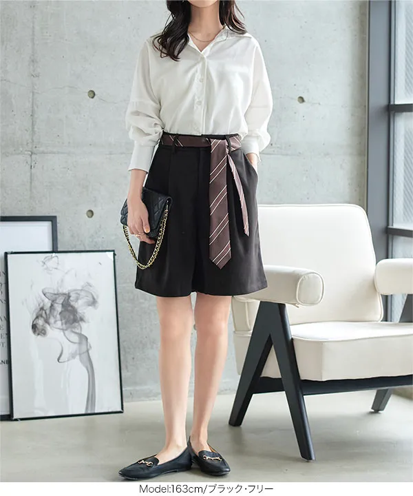 オリーブ色 プリーツ ショートパンツ ベルト付き SETUP対応】ベルト付切替ショートパンツ'(M BLACK): パンツ