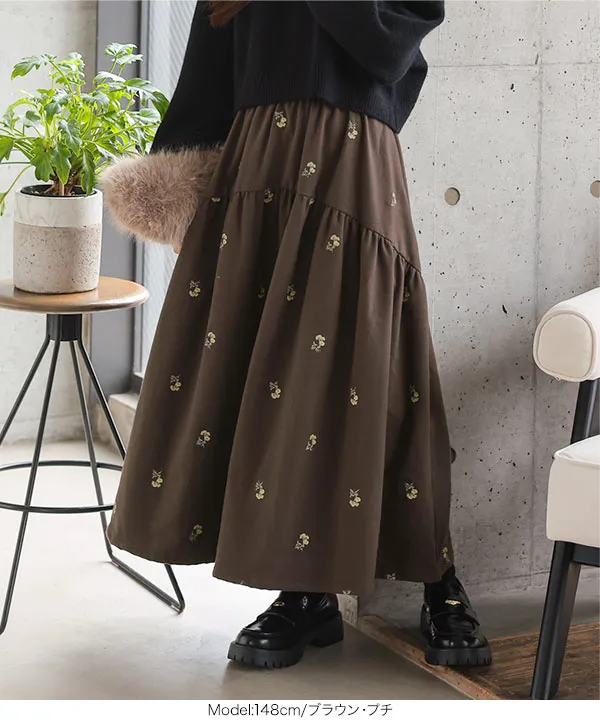 Petitle / プチレ ] 花柄刺繍ラウンド切り替えスカート [M4311