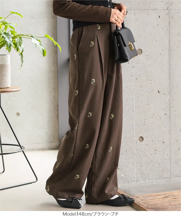 Petitle / プチレ ] 花柄刺繍タックワイドパンツ [M4312] - レディース