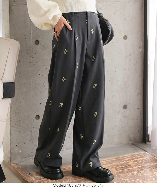 [ Petitle / プチレ ] 花柄刺繍タックワイドパンツ [M4312]
