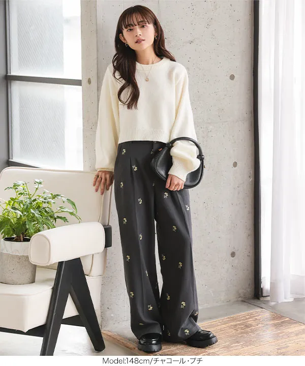 Petitle / プチレ ] 花柄刺繍タックワイドパンツ [M4312] - レディース