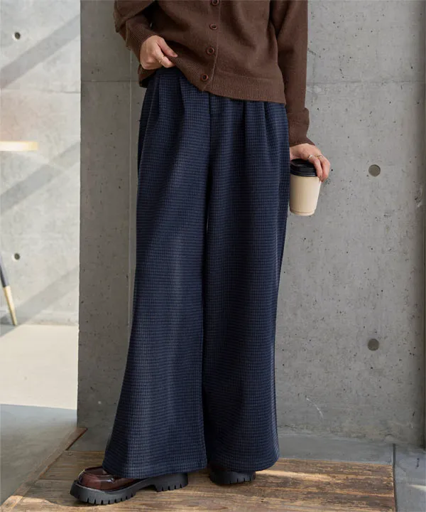 フェイクウールチェック柄タックワイドパンツ [M4344] - レディース