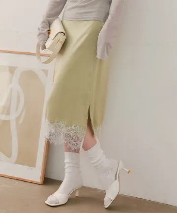 選べる2タイプミディorロング裾レースサテンスカート [M4360