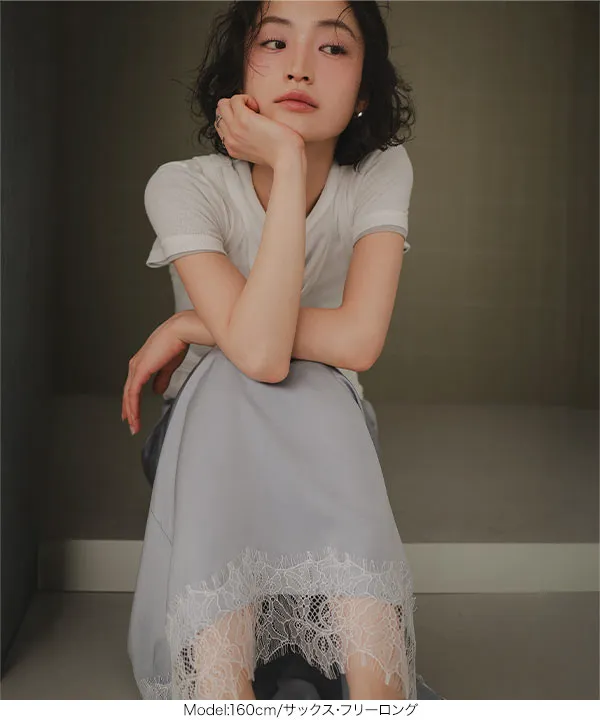 選べる2タイプミディorロング裾レースサテンスカート [M4360