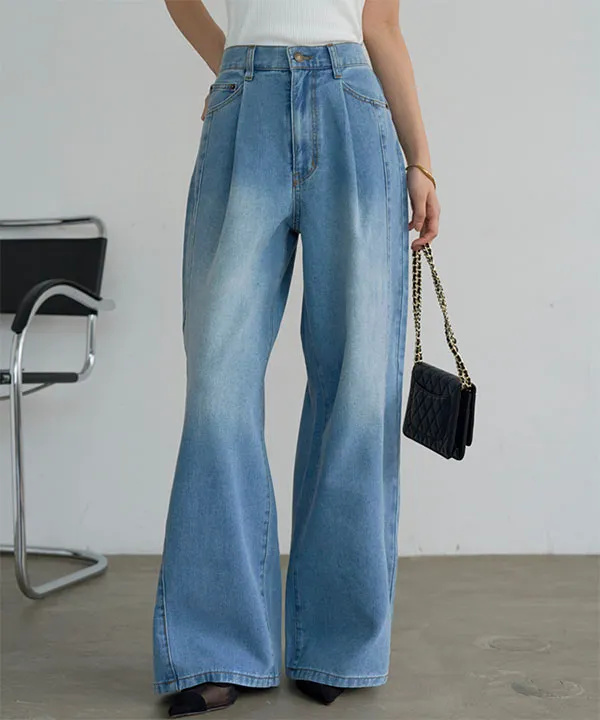 フロントタックワイドデニムパンツ [M4369] - レディースファッション