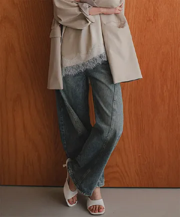 カーブデニムパンツ [M4395]| 送料無料 2/24(火)12:00~2/25(水)12:00まで