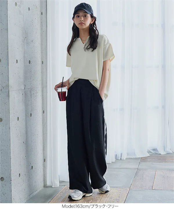 選べるサイズ さらとろ麻調 レースドッキングワイドパンツ [M4435]