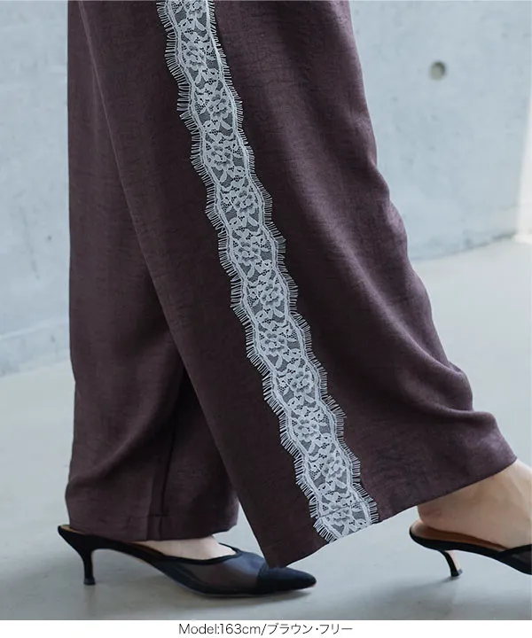 選べるサイズ さらとろ麻調 レースドッキングワイドパンツ [M4435]