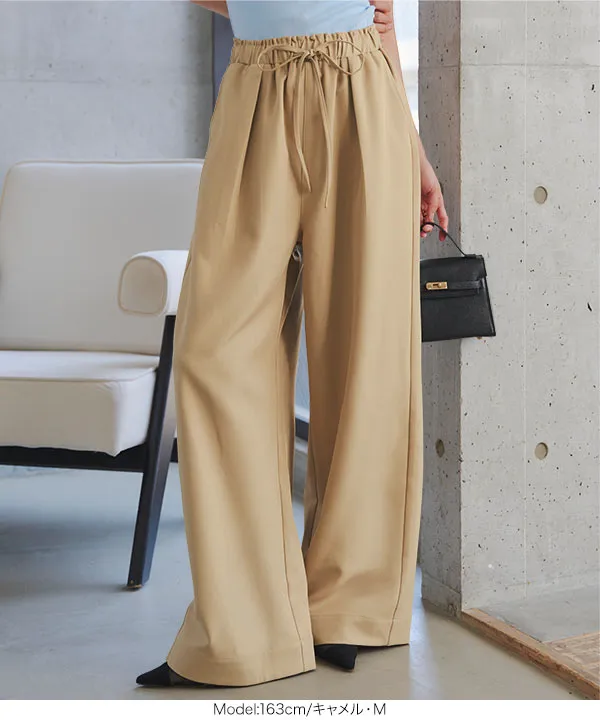 無地orドット柄ウエストリボンワイドパンツ [M4439]