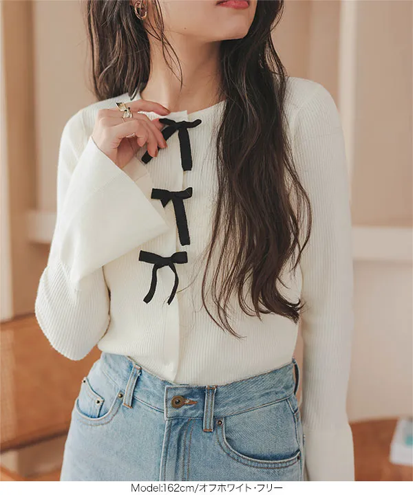 リボンフレアスリーブカーディガン [N1090] - レディースファッション