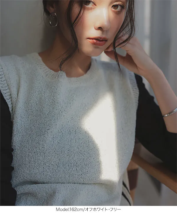 サイドバイカラーラインノースリーブニットトップス [N1100