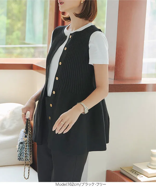 ゴールドボタン ペプラムニットジレ [N1101] - レディースファッション
