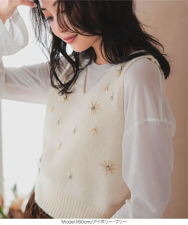 美品　Rene　ネックビジューニット パールビジューVネックニットベスト [N1110] - レディース