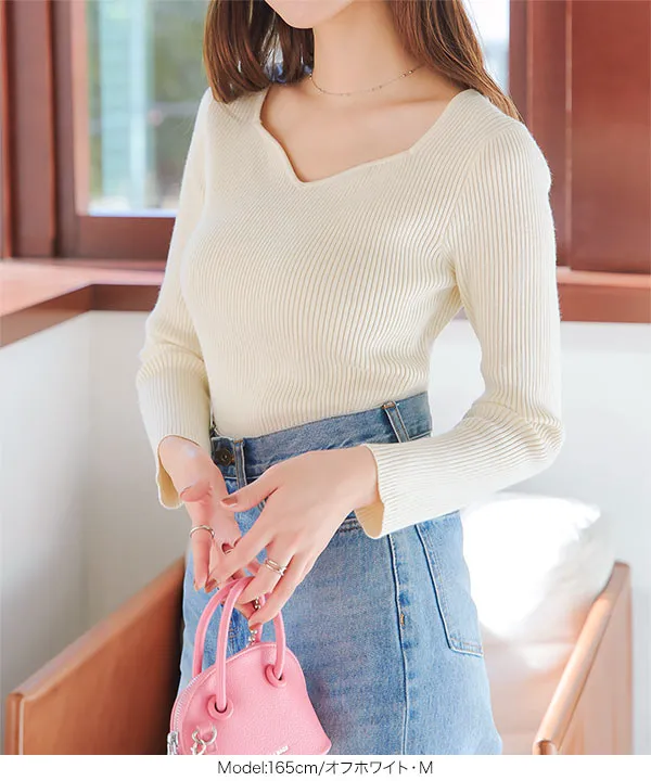 ハートネックもっちりリブニット [N1115] - レディースファッション