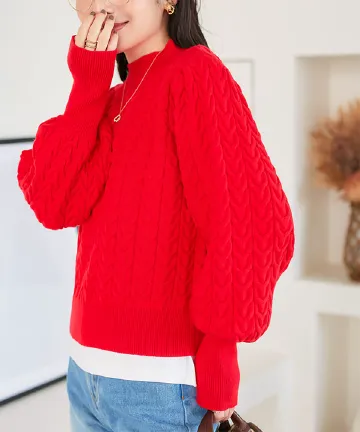 新品未使用 DECEMBERMAY ロゴニット 赤 レディース Mサイズ モックネックケーブルニットトップス [N1116] - レディース