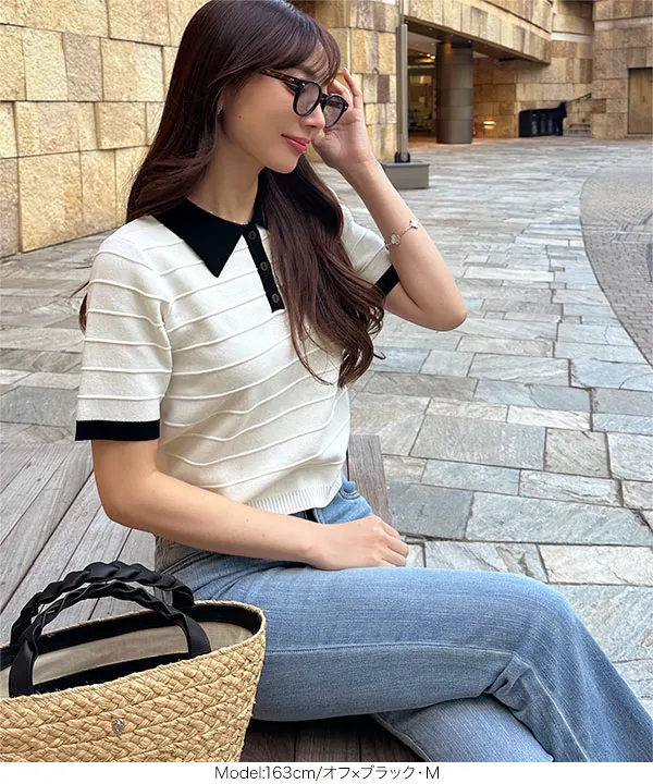 岡部あゆみさんコラボ ］ リップルボーダーポロカラーニットトップス