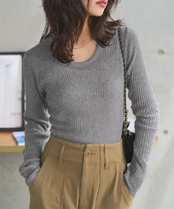 M L ]深Uネックシアーリブニットトップス [N1132] - レディース